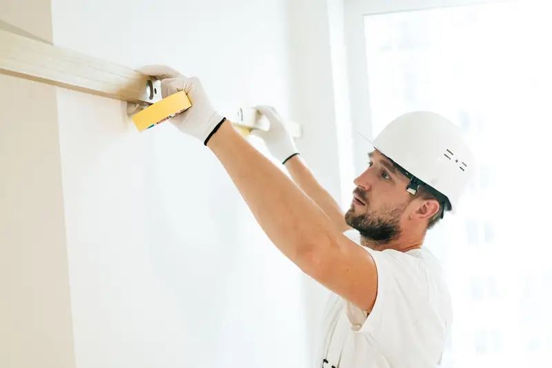 Builder in a hard hat checking a wall with a spirit level