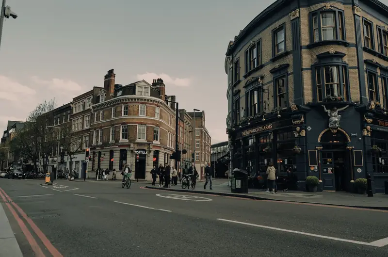 Period brick buildings along a London street