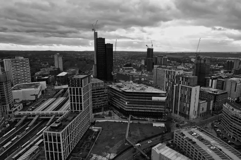 Black-and-white aerial view of a south London skyline