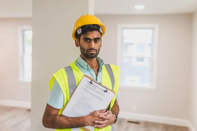 Inspector in a hard hat and high-visibility vest holding a clipboard