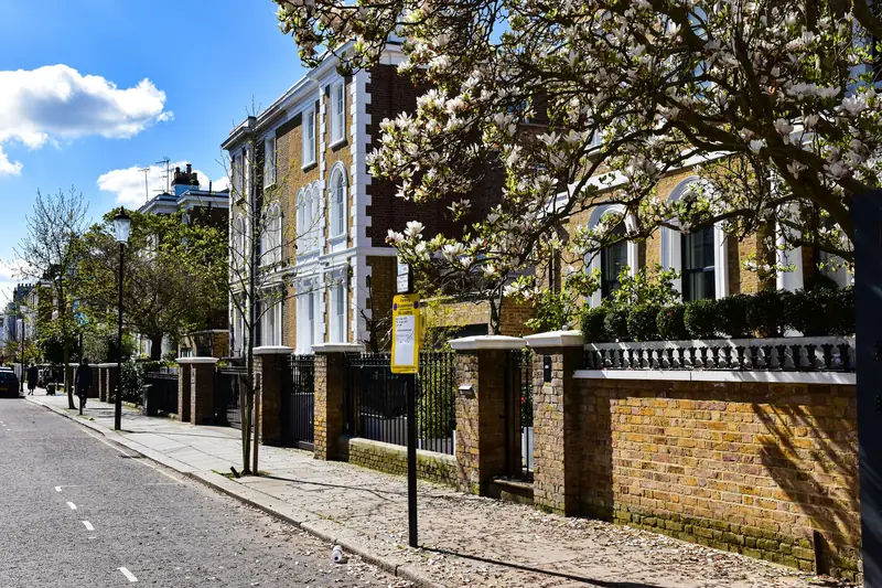 London residential street with flowering trees in front gardens