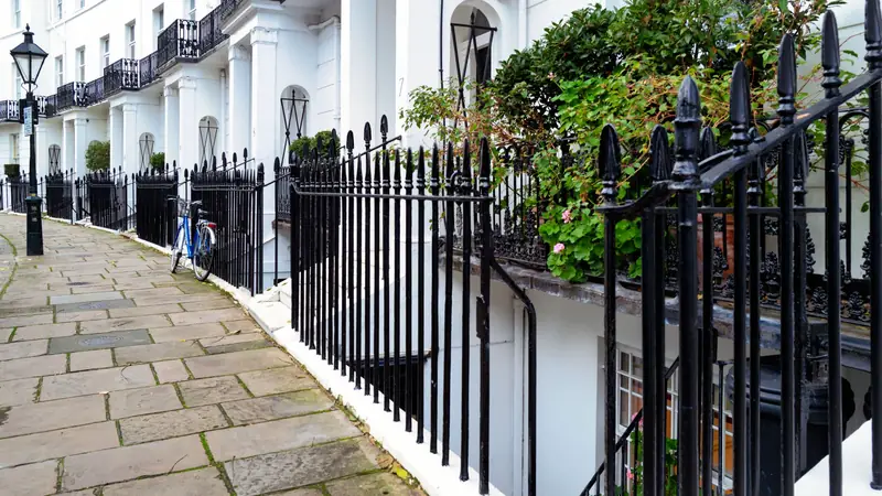 Georgian townhouses with black iron railings in Kensington